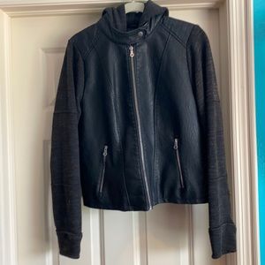 Leather Jacket with woven sleeves